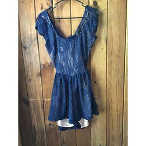 Addie Blue Lace Romper Size M Open Back Keyhole Lined GND Coquet Fairy
